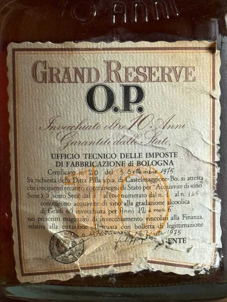 Brandy O.P. ORO PILLA Grand Reserve 10 лет, 1975 года.